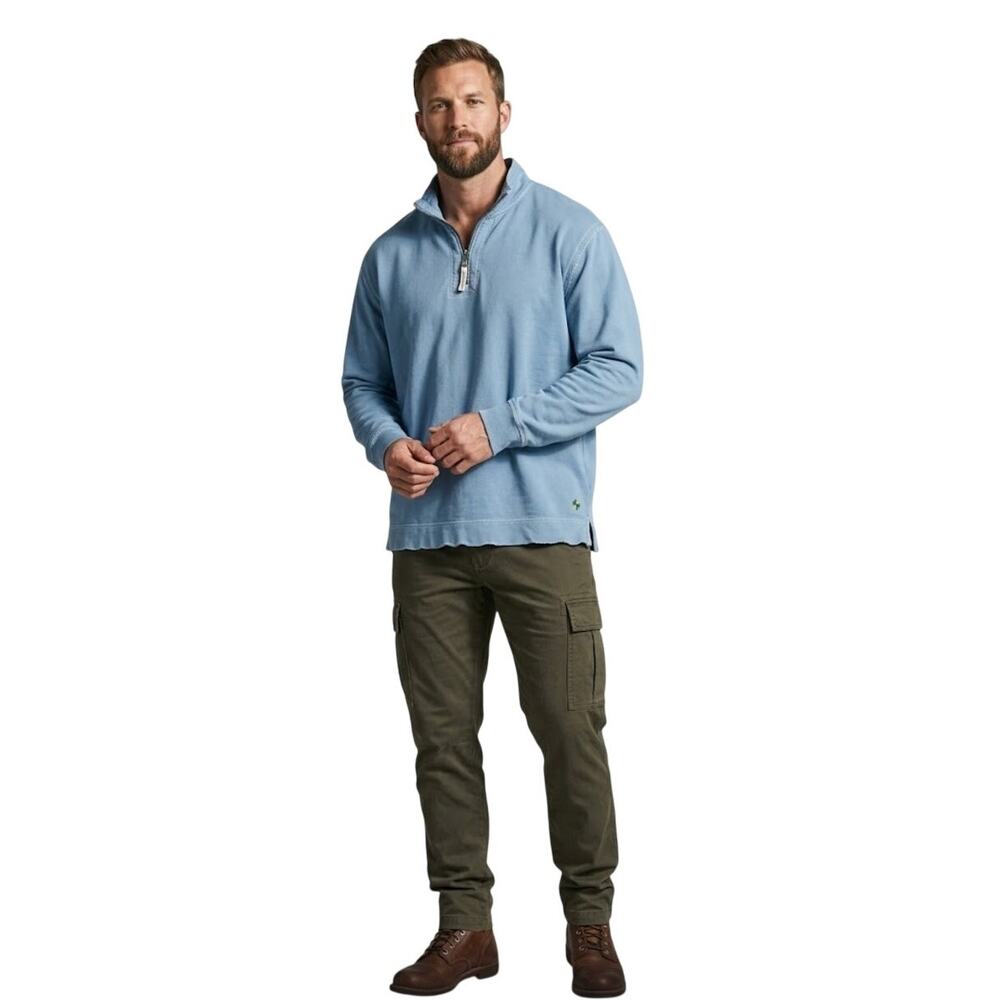 True Grit Mens Large Blue 1/4 Zip Pullover Sweater Contrast Stitch Rugged EUC